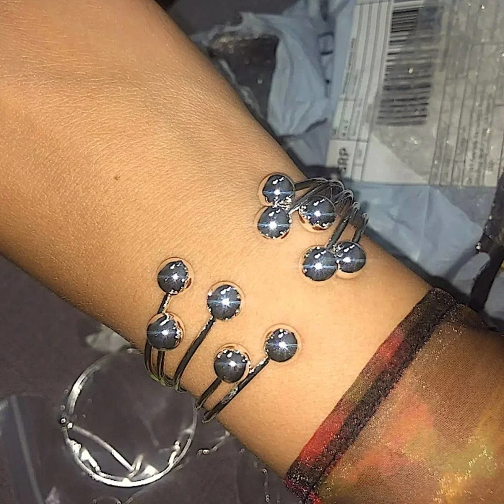 Sterling Silver Beaded Ball Bracelet Cuff Bangle Matching Ring Set